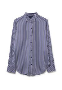 Camisa de manga larga con un patrón de rayas verticales en navy y blanco, cierre de botones y un cuello clásico. Tejido suave con una textura lisa.