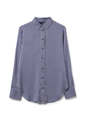 Camicia a maniche lunghe con una fantasia a righe verticali blu navy e bianche, chiusura con bottoni e colletto classico. Tessuto morbido con una superficie liscia.