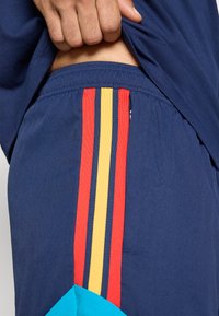 Τα ναυτικά σορτς έχουν πολ�ύχρωμο σχεδιασμό με ρίγες σε κόκκινο, κίτρινο και πορτοκαλί κατά μήκος της πλευράς, συμπληρωμένες από τμήμα σε τιρκουάζ.