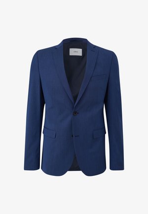 Dunkelblaues Blazer aus strukturiertem Stoff, mit ein-knopf-Verschluss, Reverskragen und zwei Fronttaschen. Etikett innen sichtbar.