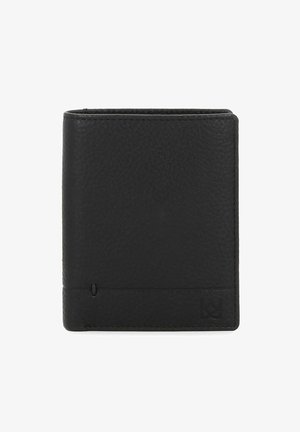 Black leather wallet featuring a textured surface, bi-fold design, and subtle branding at the bottom front.