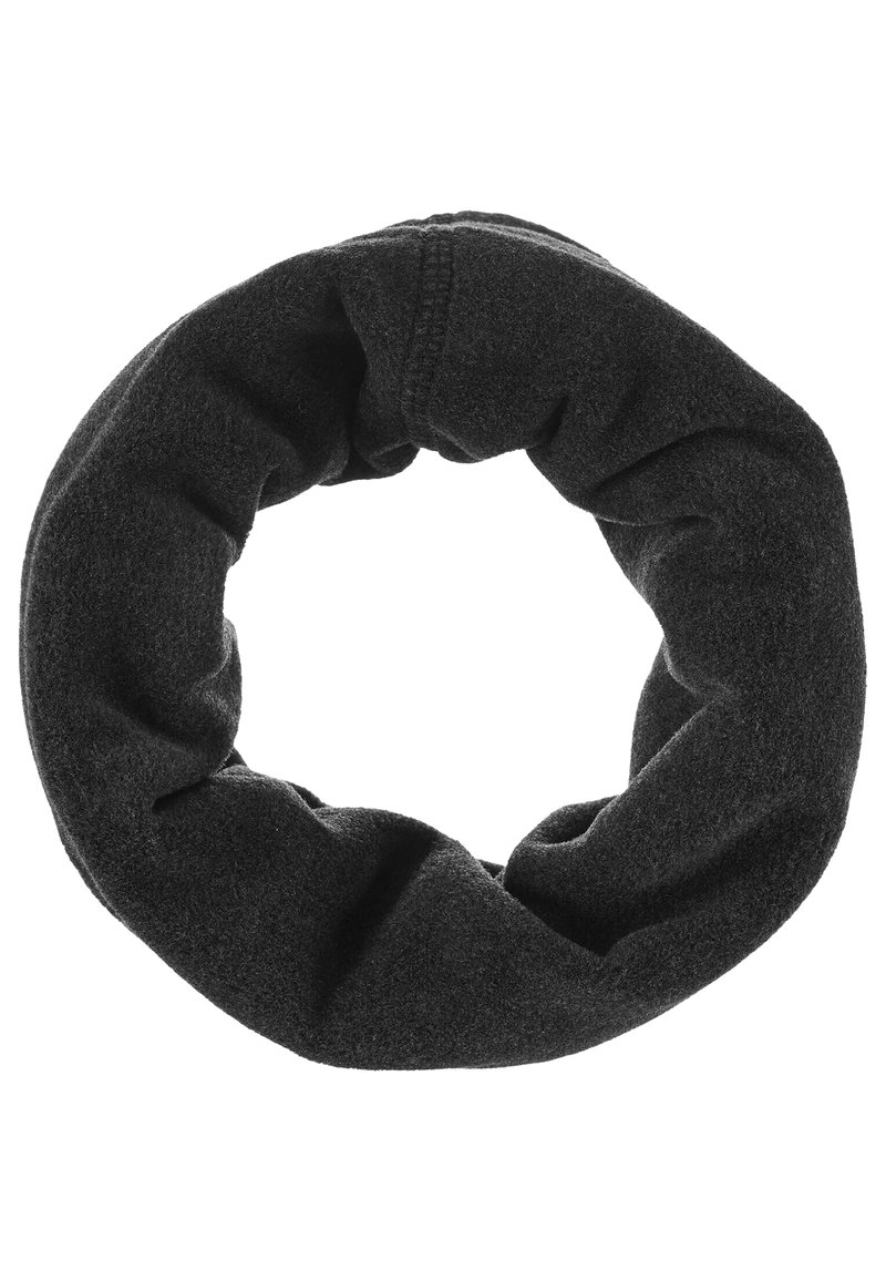 Black, circular neck warmer made of soft fleece. Features a gathered design with slight texture, providing warmth and comfort.