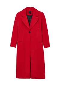 Manteau long en laine rouge avec grands revers, deux poches avant, fermeture par un seul bouton noir et doublure intérieure noire.
