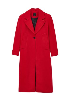Manteau long en laine rouge avec grands revers, deux poches avant, fermeture par un seul bouton noir et doublure intérieure noire.