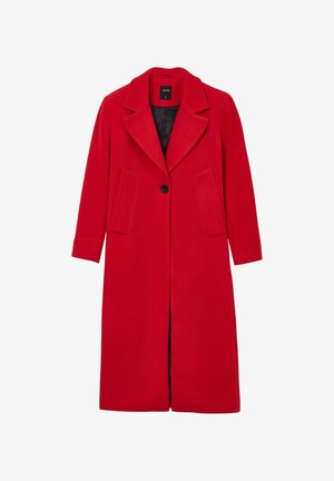 Cappotto lungo rosso in lana con ampi risvolti, due tasche frontali, chiusura con un singolo bottone nero e foderato interno nero.