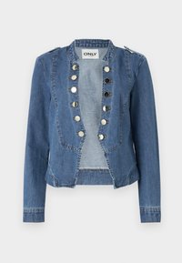 Denim jacket in light blue with a structured design, snap-button closures, and a cropped fit. Features long sleeves and shoulder accents.