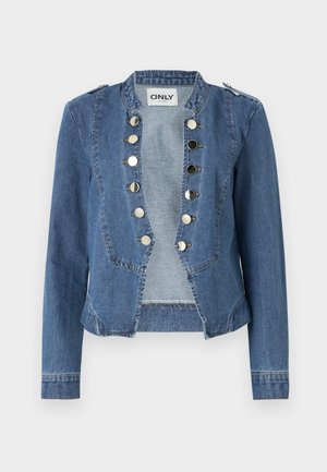 Giacca di denim blu chiaro con un design strutturato, chiusure a bottoni a pressione e vestibilità cropped. Presenta maniche lunghe e accentuazioni sulle spalle.