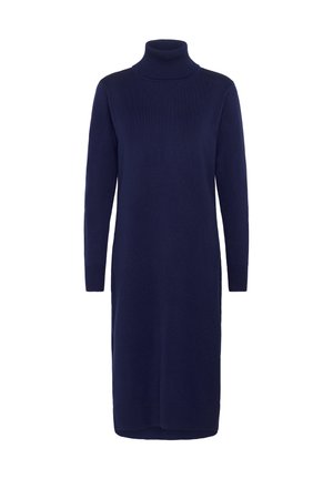 Sötétkék garbóruha bordás kötésből, hosszú ujjakkal, testhezálló fazon, térd hosszúságú, oldalsó hasítékokkal, puha textúrájú, látható minták vagy díszítések nélkül.