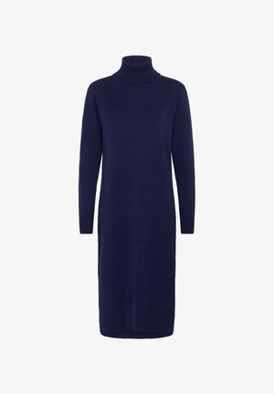 Sötétkék garbóruha bordás kötésből, hosszú ujjakkal, testhezálló fazon, térd hosszúságú, oldalsó hasítékokkal, puha textúrájú, látható minták vagy díszítések nélkül.