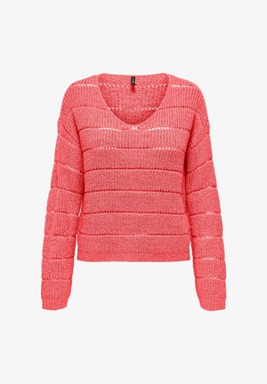 Jersey de punto color coral rosa con mangas largas y rayas horizontales de punto abierto, con un cuello redondo ancho.