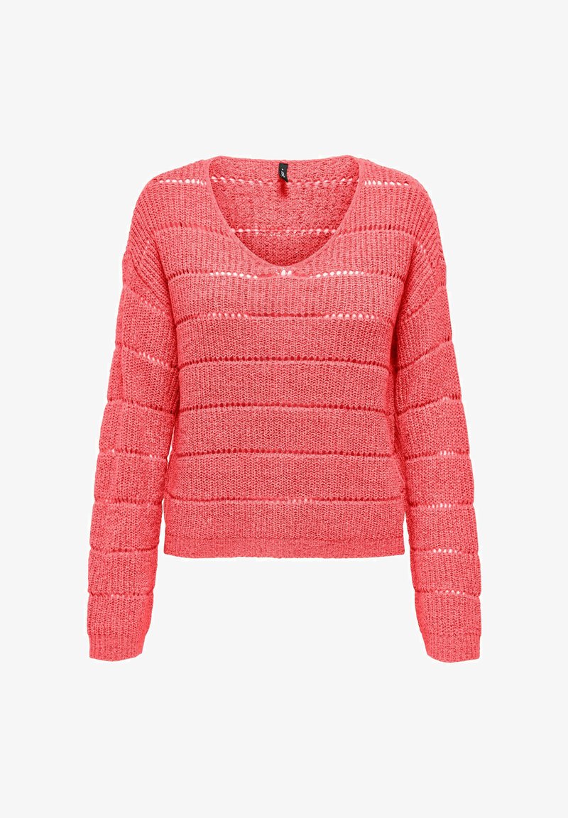 Koraļļrozā adīta džemperis ar garām piedurknēm un horizontālām atvērtā pinuma svītrām, ar plašu apaļu kakla izgriezumu.