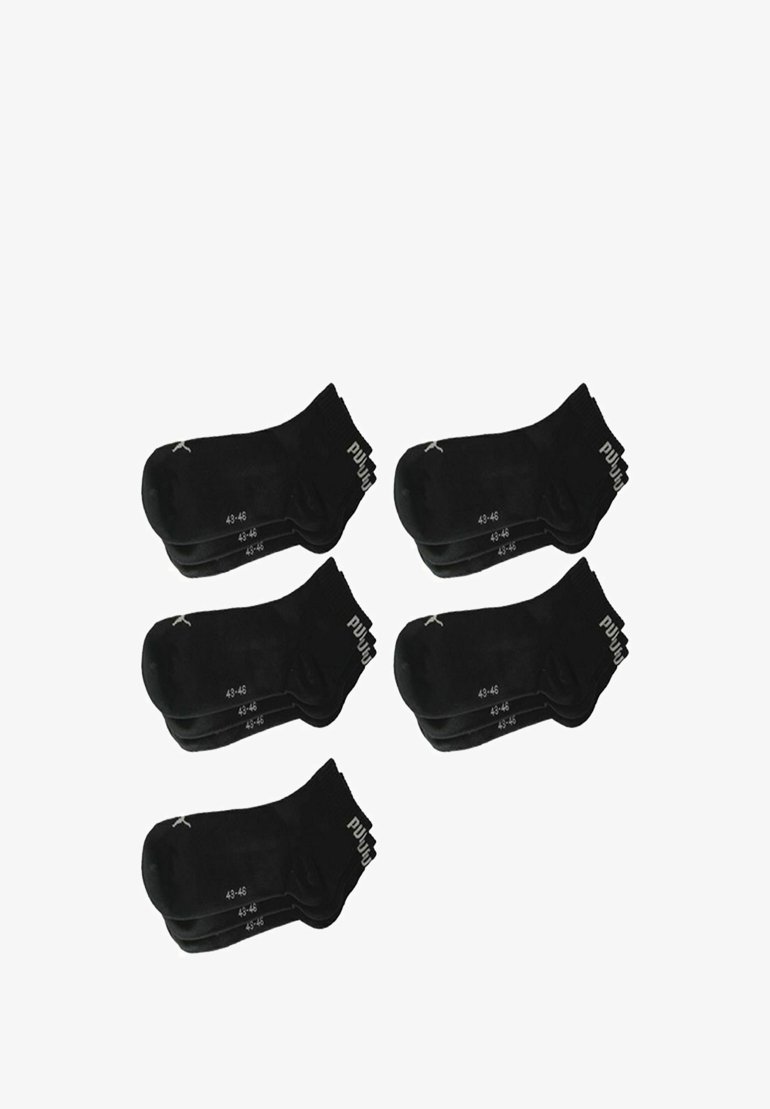 Schwarze Baumwollsocken im Fünferpack mit gerippten Bündchen und in Weiß auf der Seite aufgedruckten Größenangaben von 43-46.