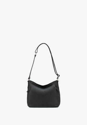 Black leather shoulder bag with a smooth texture, curved design, adjustable strap, and subtle side accents. Compact with a versatile shape.