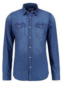 Ciemnoniebieska koszula dżinsowa z długimi rękawami, kołnierzykiem zapinanym na guziki, dwoma kieszeniami na piersi oraz srebrzystymi guzikami. Posiada prosty dół i wytrzymałą tkaninę.