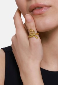 Goldfarbener, schlangenförmiger Ring mit strukturierten Schuppen, der sich um den Finger windet. Glatte Hauttöne im Hintergrund heben die Sichtbarkeit des Designs hervor.
