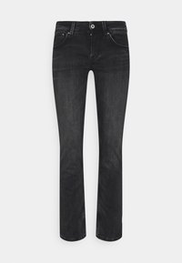 Jeans negros de pierna recta, confeccionados en denim con un ligero brillo. Presentan cinco bolsillos, un cierre de botón en la parte frontal y detalles de costura sutiles.