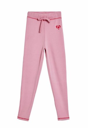 Leggings rosa a coste con vita regolabile con coulisse e un piccolo logo a forma di cuore rosso sulla parte superiore della coscia sinistra.