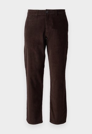 Pantaloni in velluto a coste marroni con design a gamba dritta, dotati di chiusura a bottoni e texture sottile. Ideali per un abbigliamento casual o semi-formale.