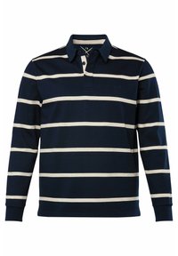 Polo a maniche lunghe blu navy con righe orizzontali bianche, caratterizzato da un colletto e tre bottoni. Il materiale è un morbido misto cotone.