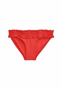 Rode bikinitop met een smockband. Gladde, elastische stof met een aansluitende pasvorm en geen extra designelementen.