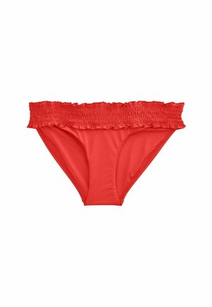 Rode bikinitop met een smockband. Gladde, elastische stof met een aansluitende pasvorm en geen extra designelementen.