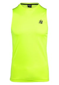 Neon gele mouwloze sportshirt gemaakt van gladde, lichte stof. Bevat een zwart gorilla-logo op de linkerborst.