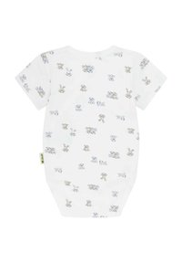 Body a maniche corte per bambino in cotone bianco, con un motivo sparso di animali in cartone animato in azzurro chiaro e beige. Chiusura a pressione sul fondo.