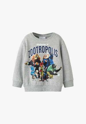 Siva majica z dolgimi rokavi z barvnim motivom z različnimi živalskimi liki in napisom "Dobrodošli v ZOOTROPOLIS." Žebljani manšeti in ovratnik.