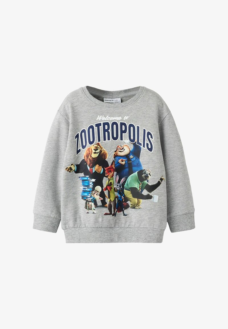 Šedá mikina s farebnou grafikou rôznych zvieracích postáv a textom "Vitajte v ZOOTROPOLIS." Žebrované manžety a výstrih.