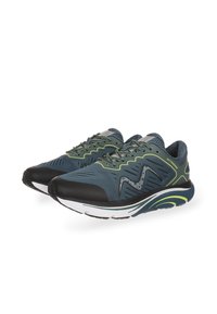 Sporty running shoes in dark teal with black accents. Mesh upper features diagonal texture, reflective details, and cushioned white outsole.