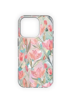 Klar telefonetui med rosa og koralrøde tulipanillustrationer og grønne blade på en blød pastel akvarelbagrund.
