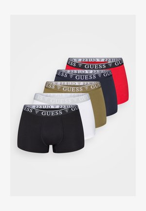 Vijf paar boxershorts in zwart, grijs, wit, olijfgroen, marineblauw en rood, met een contrasterende merkband in de taille. Van katoen.