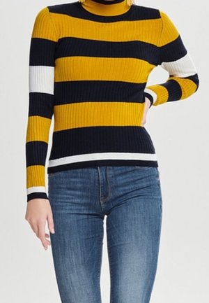 Pull à col roulé côtelé avec des rayures horizontales jaunes, bleu marine et blanches. Il possède des manches longues et un design ajusté. Assorti avec un jean bleu.