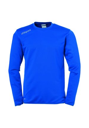 T-shirt de sport à manches longues en bleu uni, fabriqué en matériau lisse et léger. Présente un col rond et un petit logo sur la poitrine.
