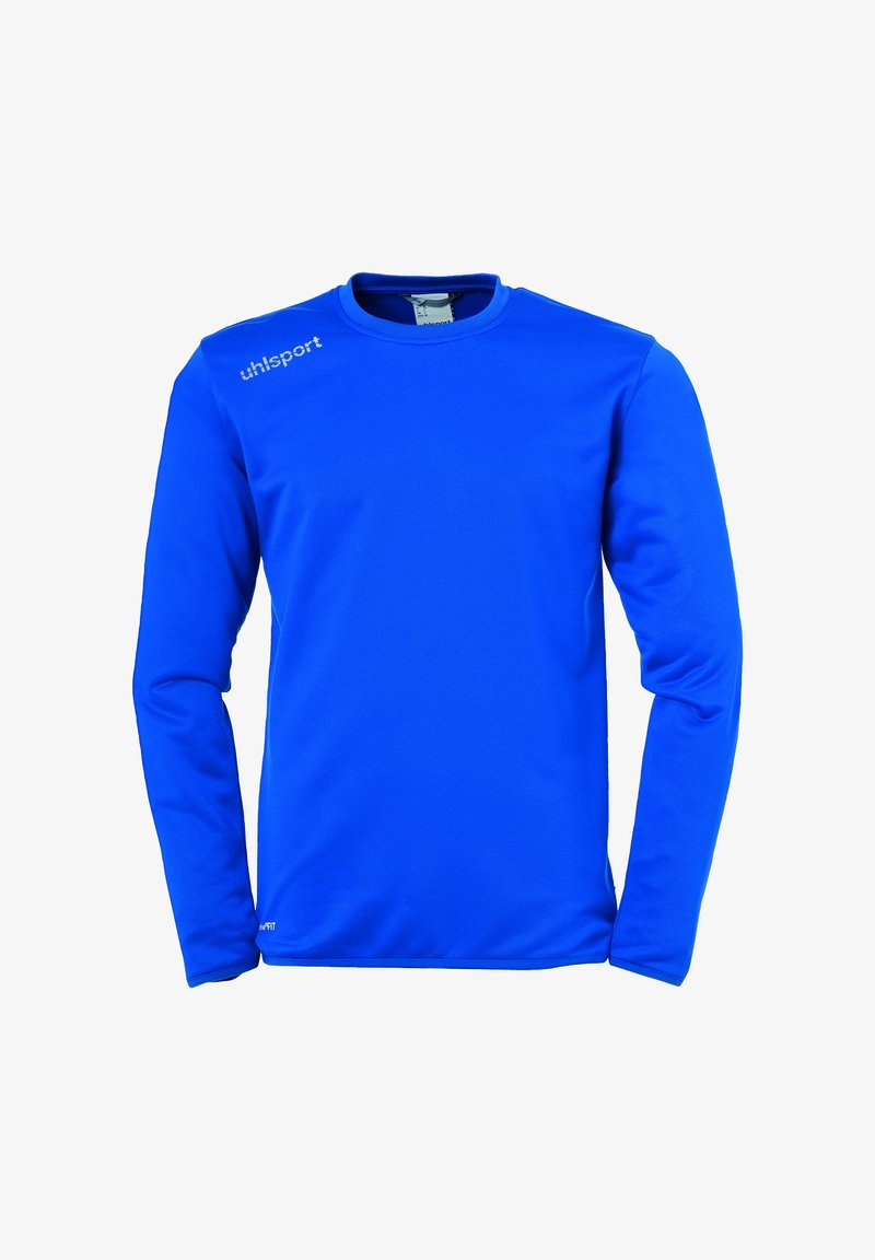 Langärmliges Sportshirt in einheitlichem Blau, hergestellt aus glattem, leichtem Material. Verfügt über einen runden Ausschnitt und ein kleines Logo auf der Brust.