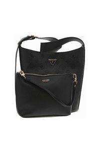 Borsa nera in ecopelle con design del logo in rilievo, dotata di una pochette con zip removibile e di una larga tracolla regolabile.