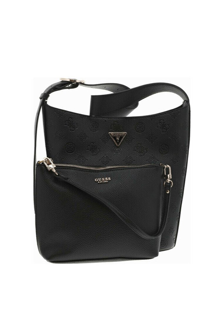 Borsa nera in ecopelle con design del logo in rilievo, dotata di una pochette con zip removibile e di una larga tracolla regolabile.