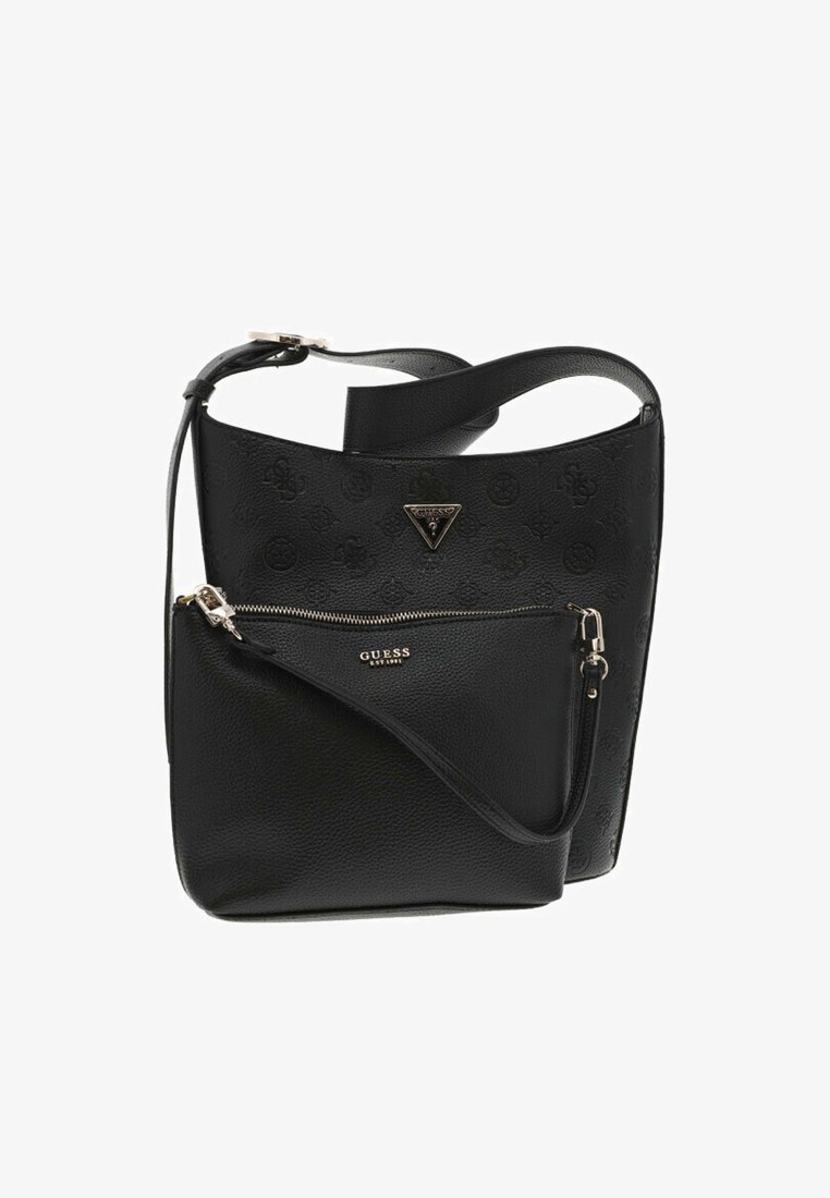 Borsa nera in ecopelle con design del logo in rilievo, dotata di una pochette con zip removibile e di una larga tracolla regolabile.