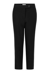 Zwarte op maat gemaakte broek tot de enkels met een sluiting met zijknoppen en subtiele zijdecoraties.