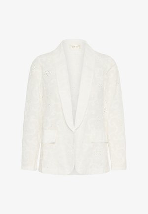 Bela blazer z teksturiranim cvetličnim vzorcem, ki ima šalski ovratnik, dve sprednji žep in zapletene izrezane podrobnosti.