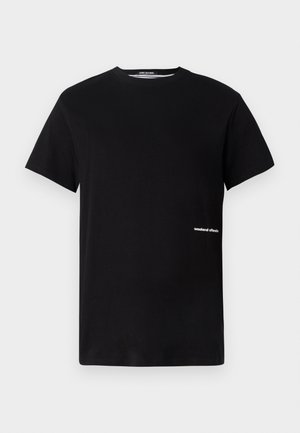 Black cotton t-shirt featuring a round neckline and short sleeves, with "weekend offender" logo embroidered in white on the side.