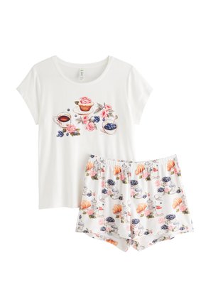 Hvid pyjamastop med korte ærmer, dekoreret med farverige motiver af mad og blomster; matchende shorts med lignende design med roser og dessertmønstre.