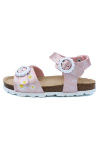 Sandale pour enfants rose avec des motifs floraux, présentant un dessus texturé, des boucles ajustables et une semelle intérieure en liège marron sur une semelle blanche.