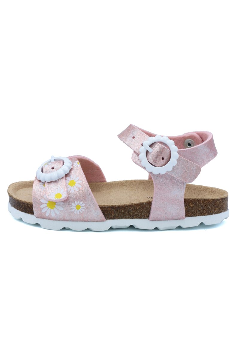 Sandale pour enfants rose avec des motifs floraux, présentant un dessus texturé, des boucles ajustables et une semelle intérieure en liège marron sur une semelle blanche.