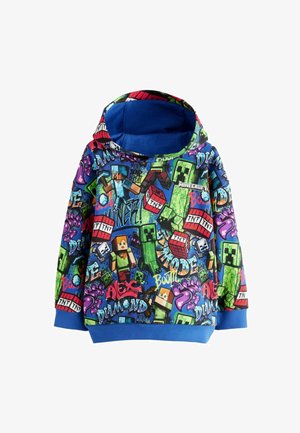 Hanorac albastru cu un print cu temă Minecraft, care include diverse personaje colorate, blocuri TNT și elemente de text; material moale, design pulover.