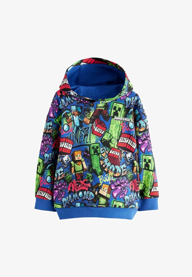 Felpa blu con stampa a tema Minecraft, caratterizzata da vari personaggi colorati, blocchi TNT e elementi testuali; tessuto morbido, design a pullover.