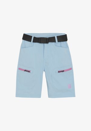 Helle blaue Shorts mit einem schwarzen Gürtel, ausgestattet mit zwei seitlichen Taschen mit pinken Reißverschlüssen und einem kleinen Logo in der unteren Ecke.