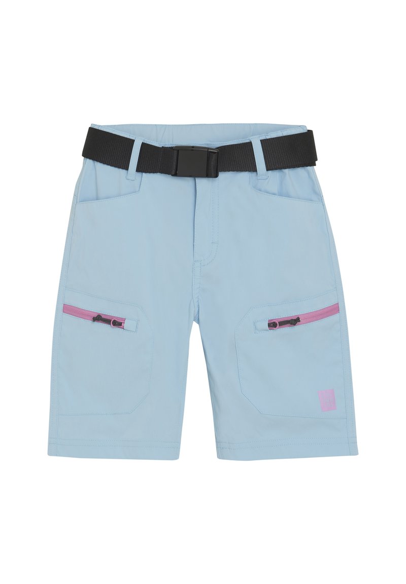 Ljust blå shorts med ett svart bälte, med två sidofickor med rosa dragkedjor och en liten logotyp i det nedre hörnet.