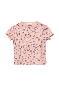 Roze geribbelde shirt met korte mouwen en een bloemendessin in rood en blauw, voorzien van aangeknipte mouwen en een ronde halslijn. Merkenlabel zichtbaar.