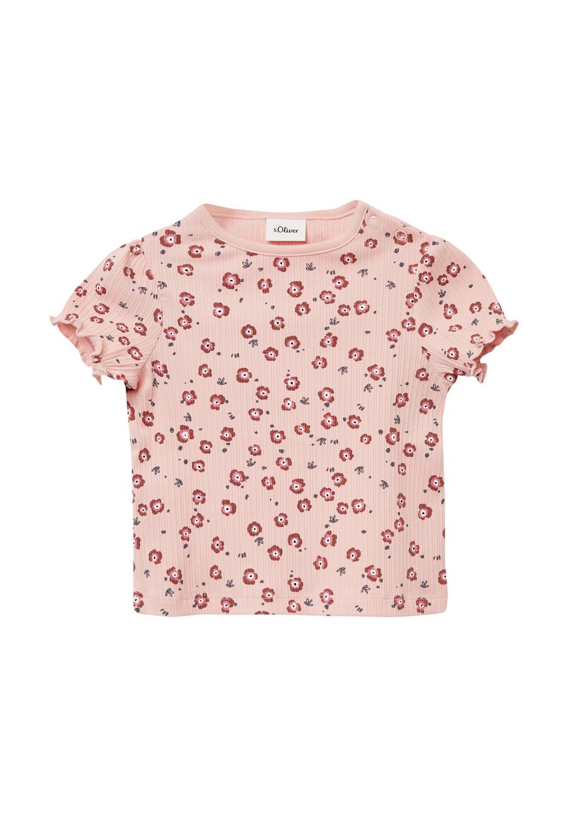 Roze geribbelde shirt met korte mouwen en een bloemendessin in rood en blauw, voorzien van aangeknipte mouwen en een ronde halslijn. Merkenlabel zichtbaar.
